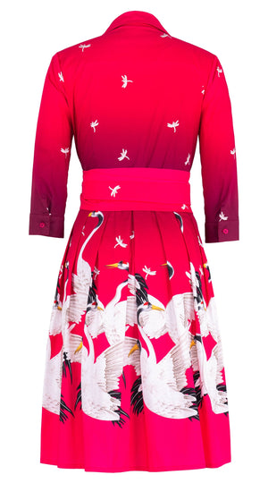 Audrey Dress #1 Shirt Collar 3/4 Sleeve Regular Length Cotton Stretch (White Crane Ombre)
