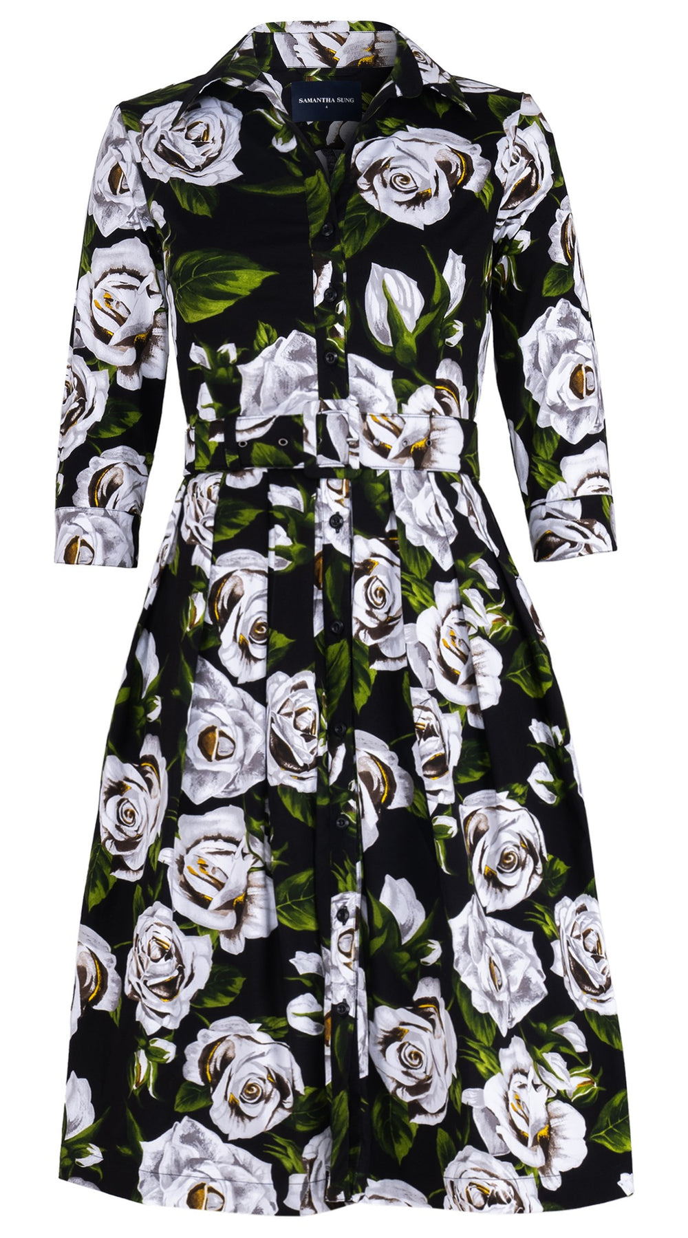 Audrey Dress #1 Shirt Collar 3/4 Sleeve Long Length Cotton Stretch (White Rose Bright)