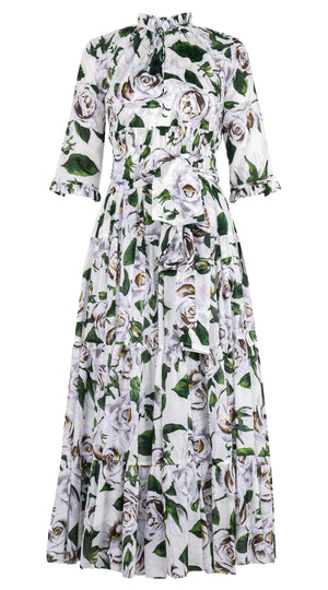 Eden Dress Crew Neck 3/4 Sleeve Maxi Musola (White Rose Bright) @3