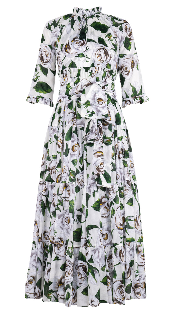 Eden Dress Crew Neck 3/4 Sleeve Maxi Musola (White Rose Bright) @3