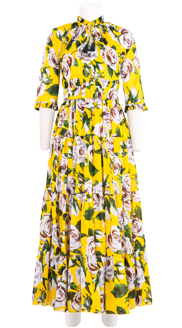 Eden Dress Crew Neck 3/4 Sleeve Maxi Musola (White Rose Bright) @1