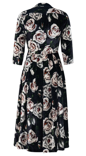 Audrey Dress #3 Shirt Collar 3/4 Sleeve Midi Length Silk Velvet (White Rose Dark)