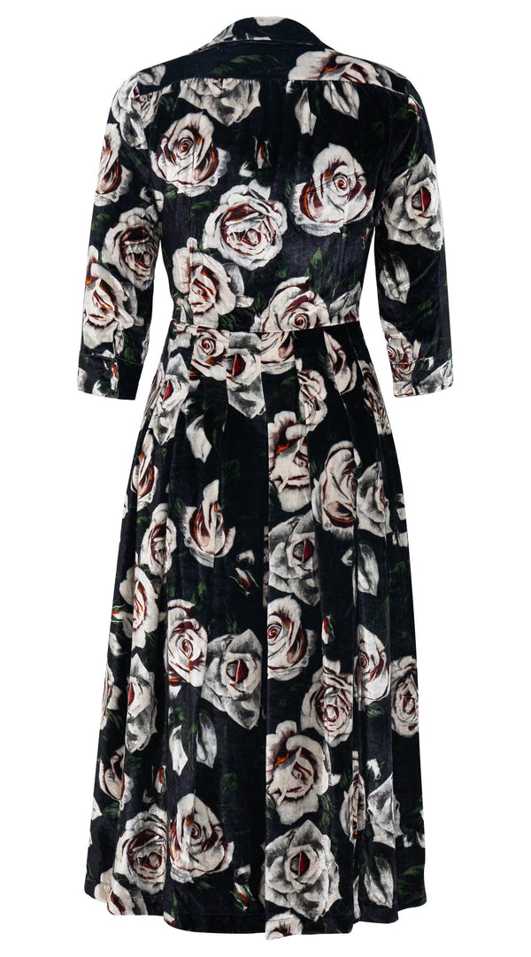 Audrey Dress #3 Shirt Collar 3/4 Sleeve Midi Length Silk Velvet (White Rose Dark)