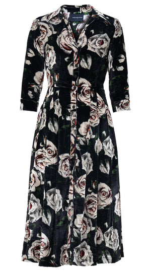 Audrey Dress #3 Shirt Collar 3/4 Sleeve Midi Length Silk Velvet (White Rose Dark)