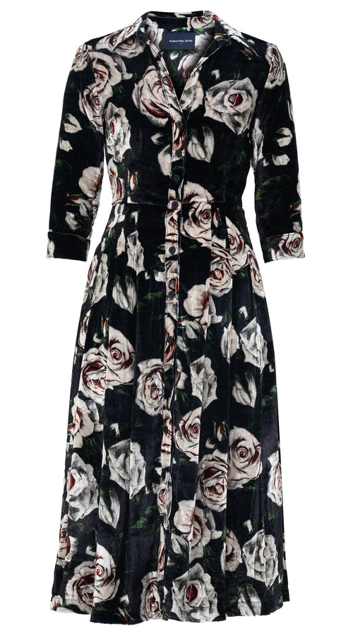 Audrey Dress #3 Shirt Collar 3/4 Sleeve Midi Length Silk Velvet (White Rose Dark)