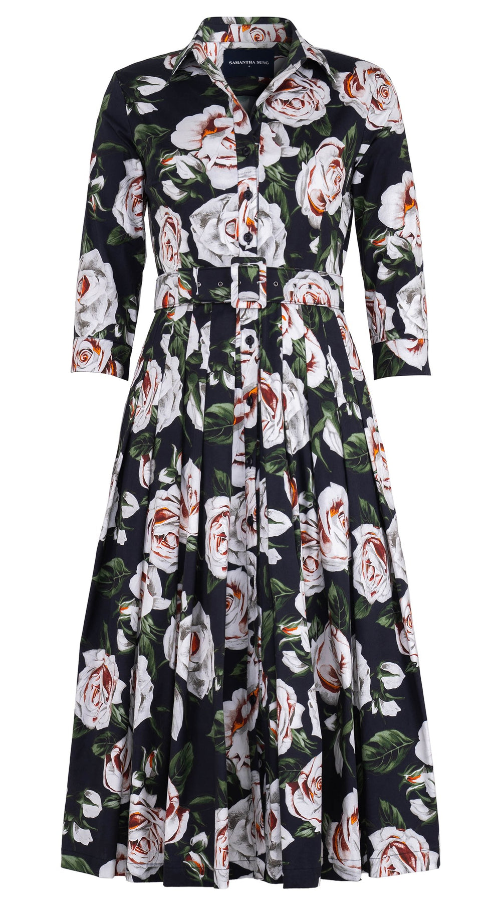 Audrey Dress #4 Shirt Collar 3/4 Sleeve Midi Length Cotton Stretch (White Rose Bright)