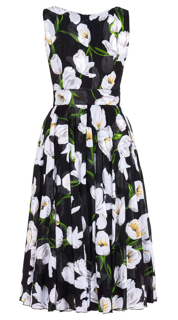 Aster Dress Boat Neck Sleeveless Midi Length Cotton Musola (White Tulip)