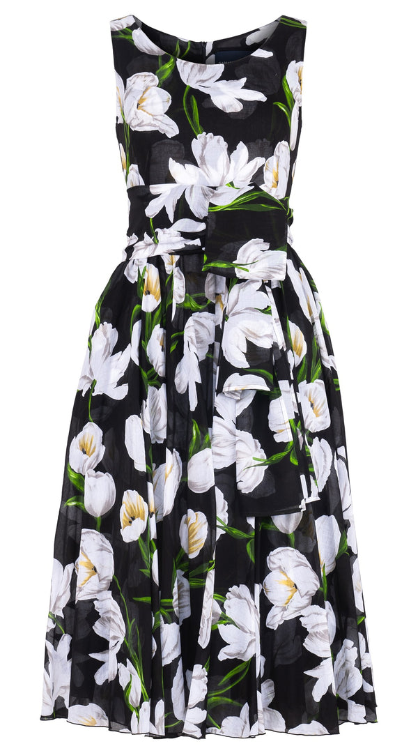 Aster Dress Boat Neck Sleeveless Midi Length Cotton Musola (White Tulip)