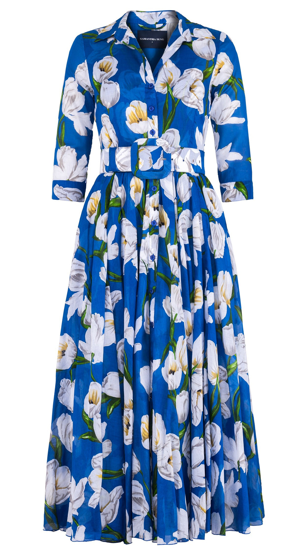 Aster Dress Shirt Collar 3/4 Sleeve Midi Plus Length Cotton Musola (White Tulip)