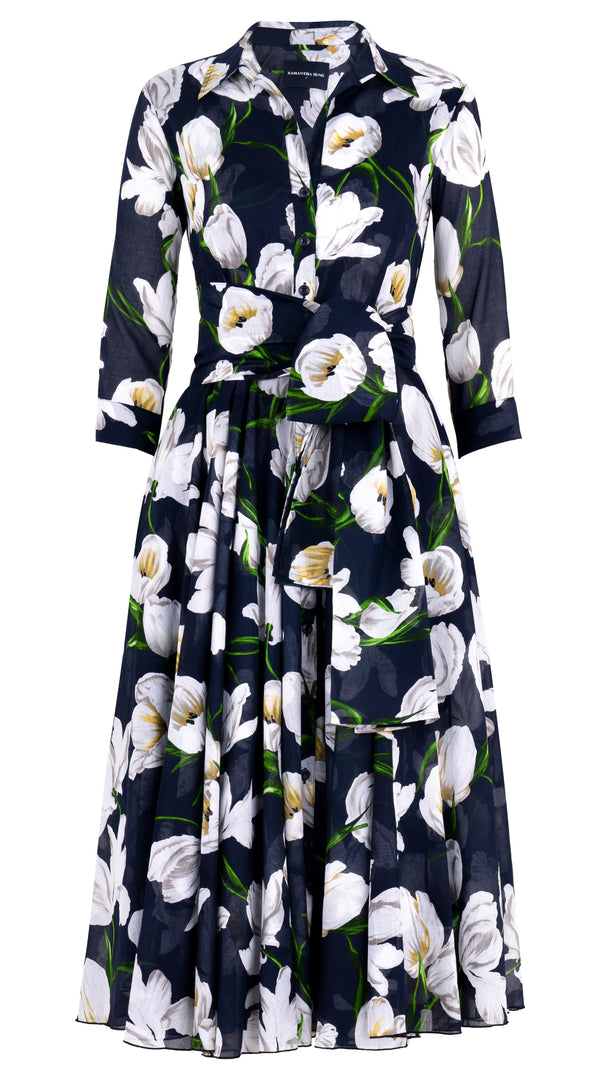 Aster Dress Shirt Collar 3/4 Sleeve Midi Length Cotton Musola (White Tulip)