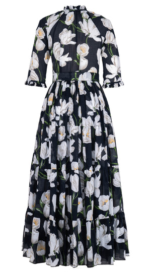 Eva Dress Crew Neck 3/4 Sleeve Maxi Musola (White Tulip) @1