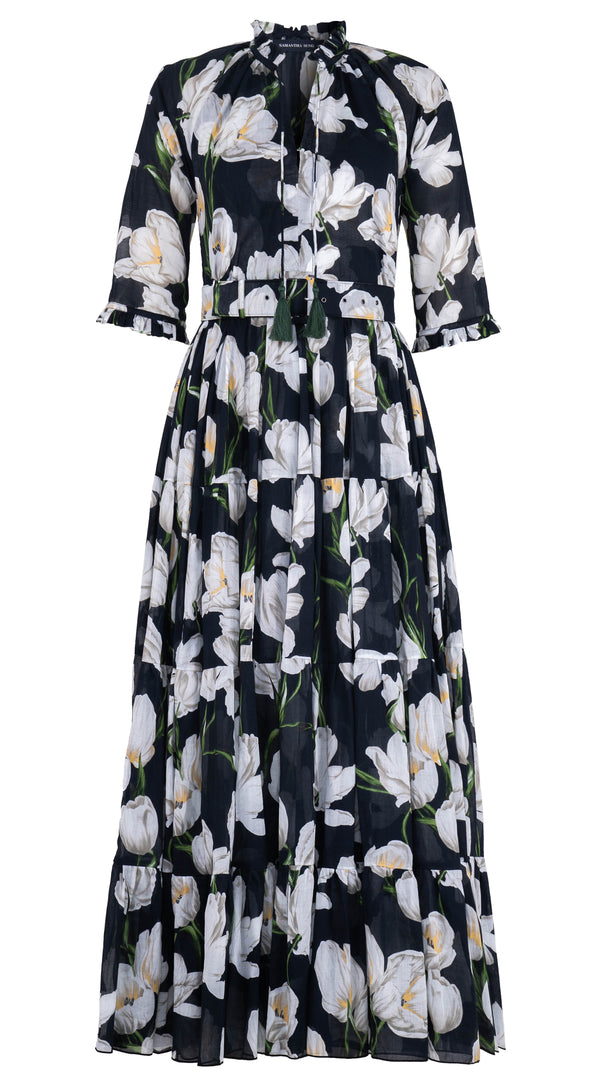 Eva Dress Crew Neck 3/4 Sleeve Maxi Musola (White Tulip) @1