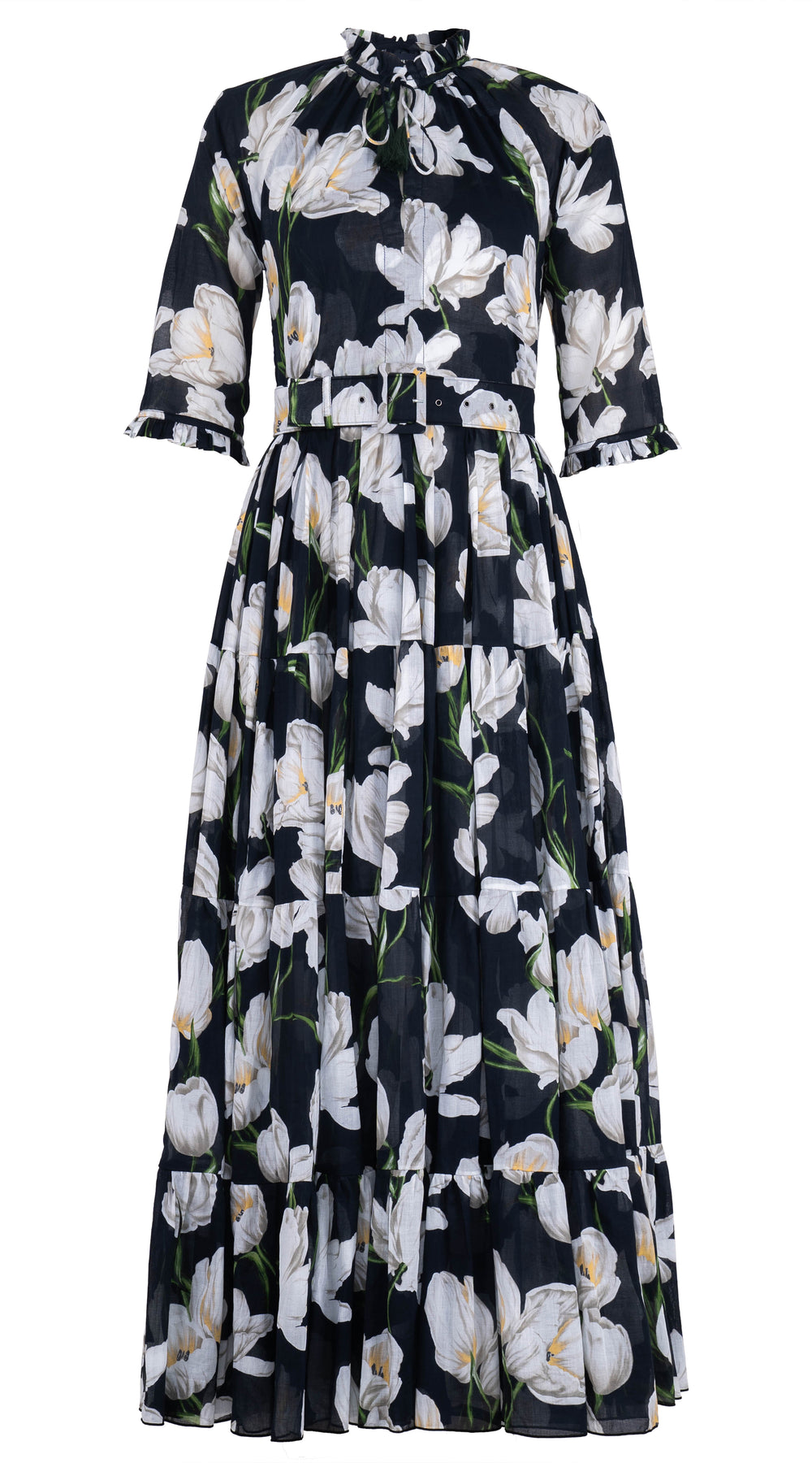 Eva Dress Crew Neck 3/4 Sleeve Maxi Musola (White Tulip) @1