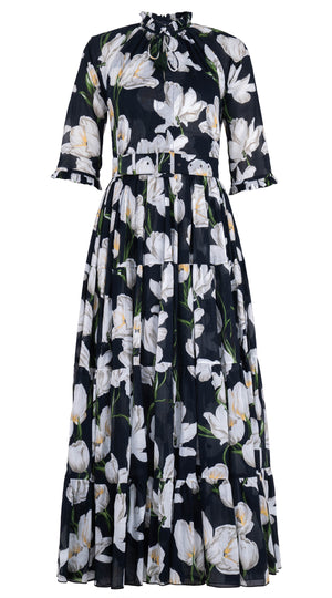 Eva Dress Crew Neck 3/4 Sleeve Maxi Musola (White Tulip) @1