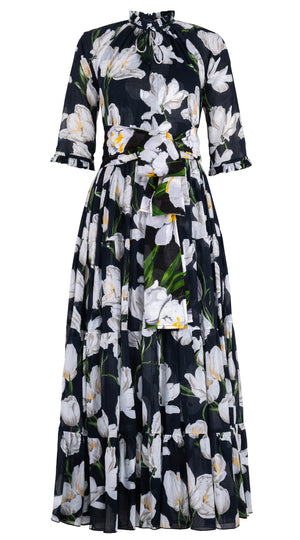 Eva Dress Crew Neck 3/4 Sleeve Maxi Musola (White Tulip) @1
