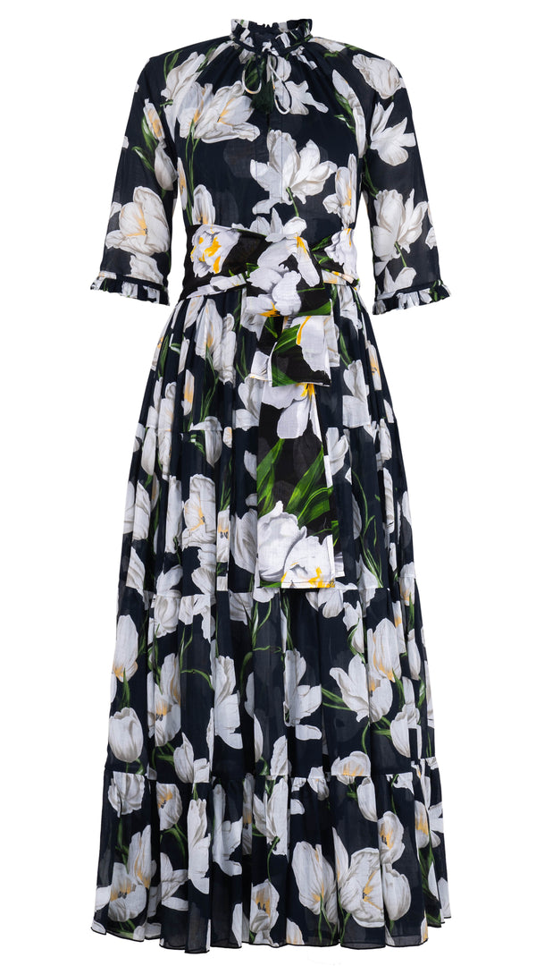 Eva Dress Crew Neck 3/4 Sleeve Maxi Musola (White Tulip) @1