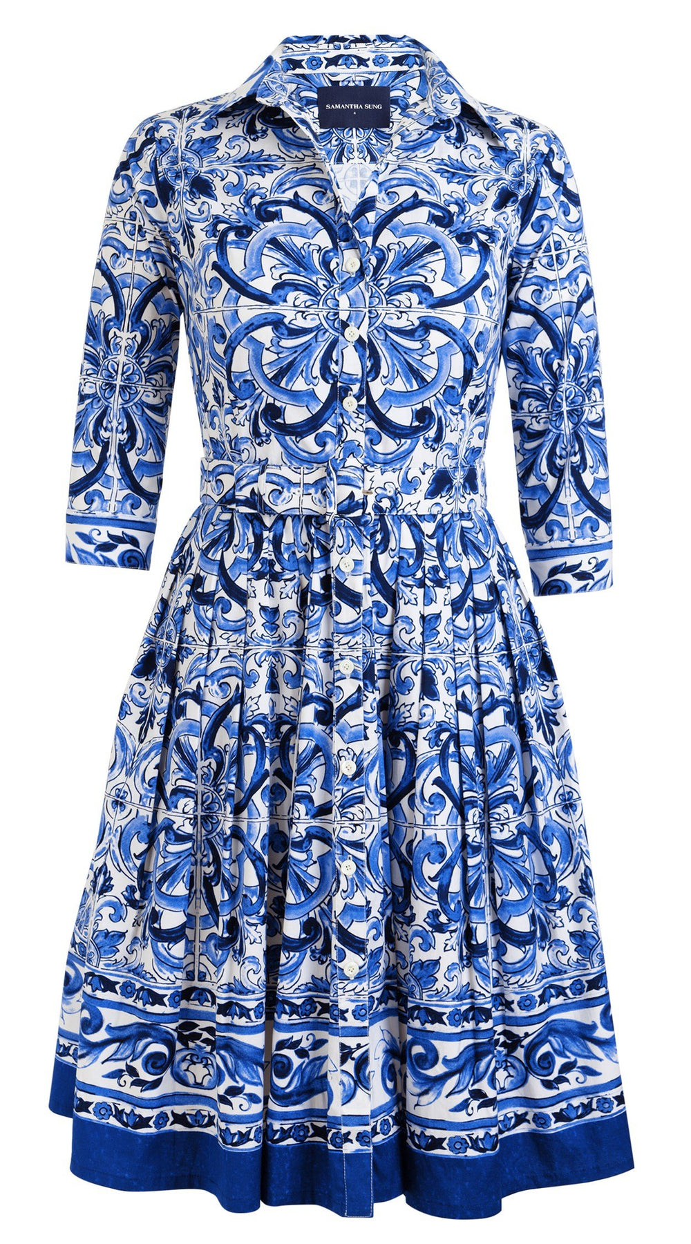 Audrey Dress #1 Shirt Collar 3/4 Sleeve Cotton Stretch_Del Mar Tile_White Cobalt Blue