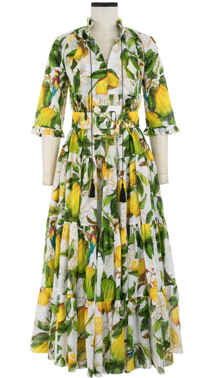 Eden Dress Crew Neck 3/4 Sleeve with Hamilton Belt Maxi Length Cotton Musola (Lemon Tuscani)