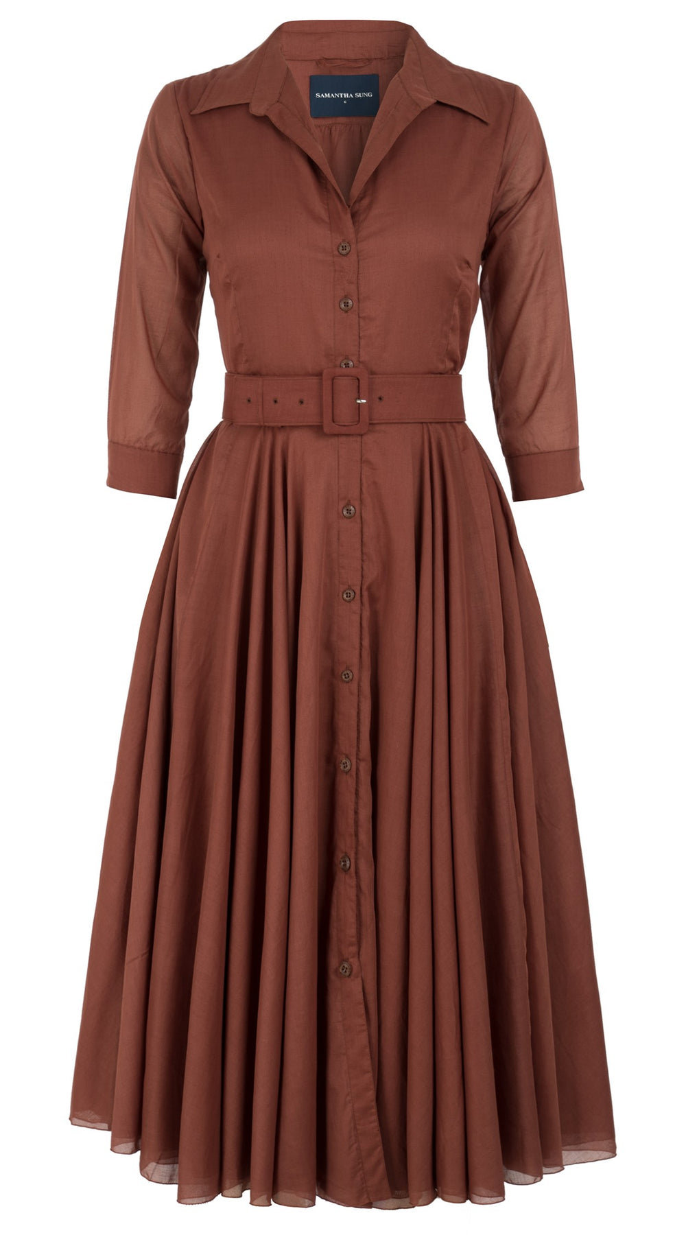 Aster Dress Shirt Collar 3/4 Sleeve Midi Length Cotton Musola_Solid_Dark Ochra