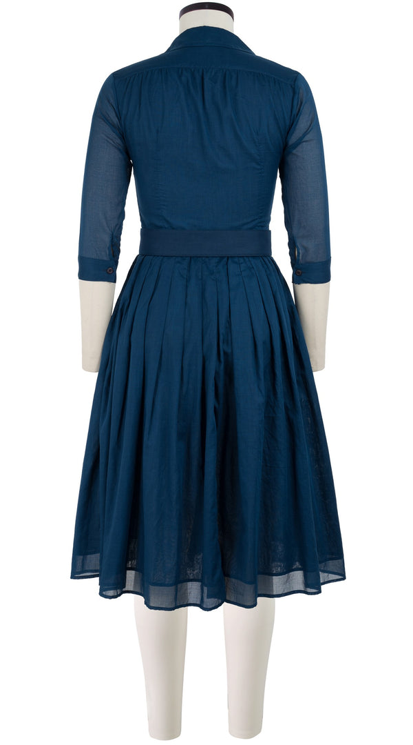 Audrey Dress #4 Shirt Collar 3/4 Sleeve Long Length Cotton Musola_Solid_Denim Blue