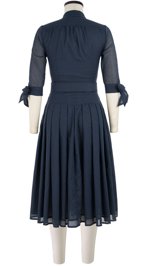 Audrey Dress #4 Shirt Collar 3/4 Tie Sleeve Midi Length Cotton Musola_Solid_Indigo