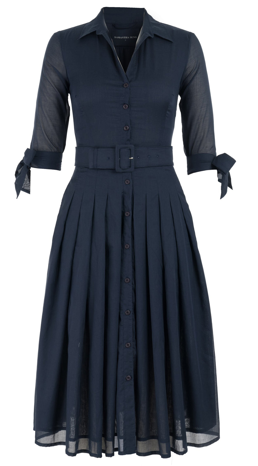 Audrey Dress #4 Shirt Collar 3/4 Tie Sleeve Midi Length Cotton Musola_Solid_Indigo