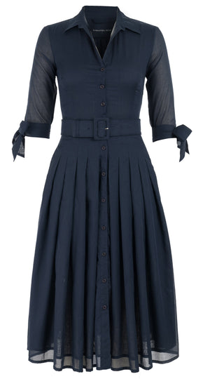Audrey Dress #4 Shirt Collar 3/4 Tie Sleeve Midi Length Cotton Musola_Solid_Indigo