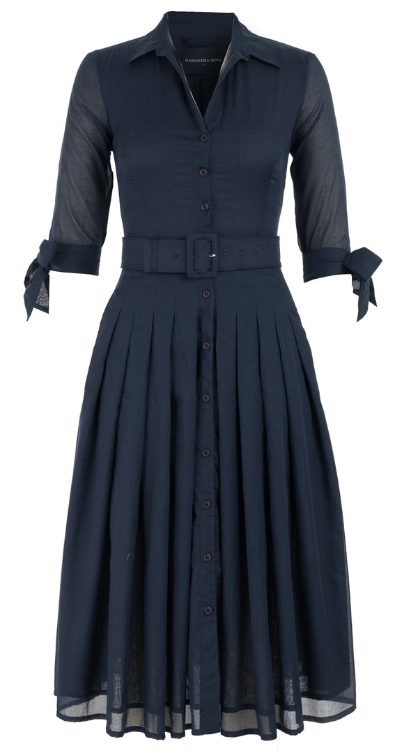 Audrey Dress #4 Shirt Collar 3/4 Tie Sleeve Midi Length Cotton Musola_Solid_Indigo
