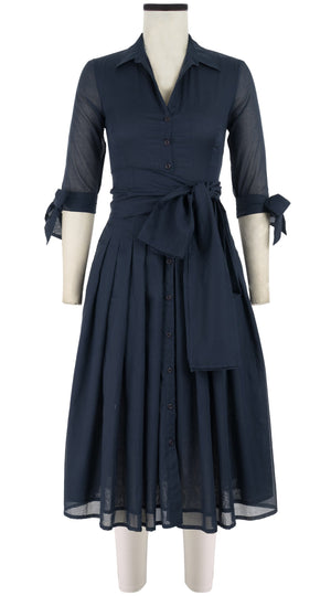Audrey Dress #4 Shirt Collar 3/4 Tie Sleeve Midi Length Cotton Musola_Solid_Indigo