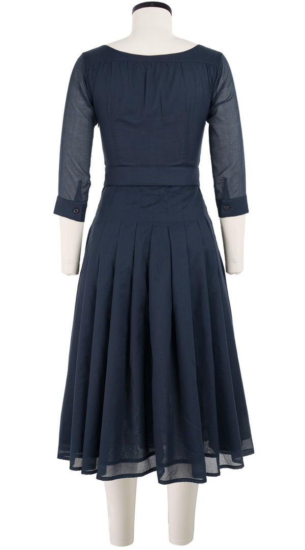 Florance Dress #4 Boat Neck 3/4 Sleeve Midi Length Cotton Musola_Solid_Indigo