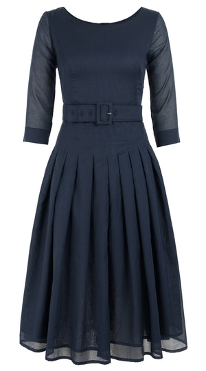 Florance Dress #4 Boat Neck 3/4 Sleeve Midi Length Cotton Musola_Solid_Indigo