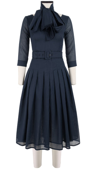 Florance Dress #4 Boat Neck 3/4 Sleeve Midi Length Cotton Musola_Solid_Indigo