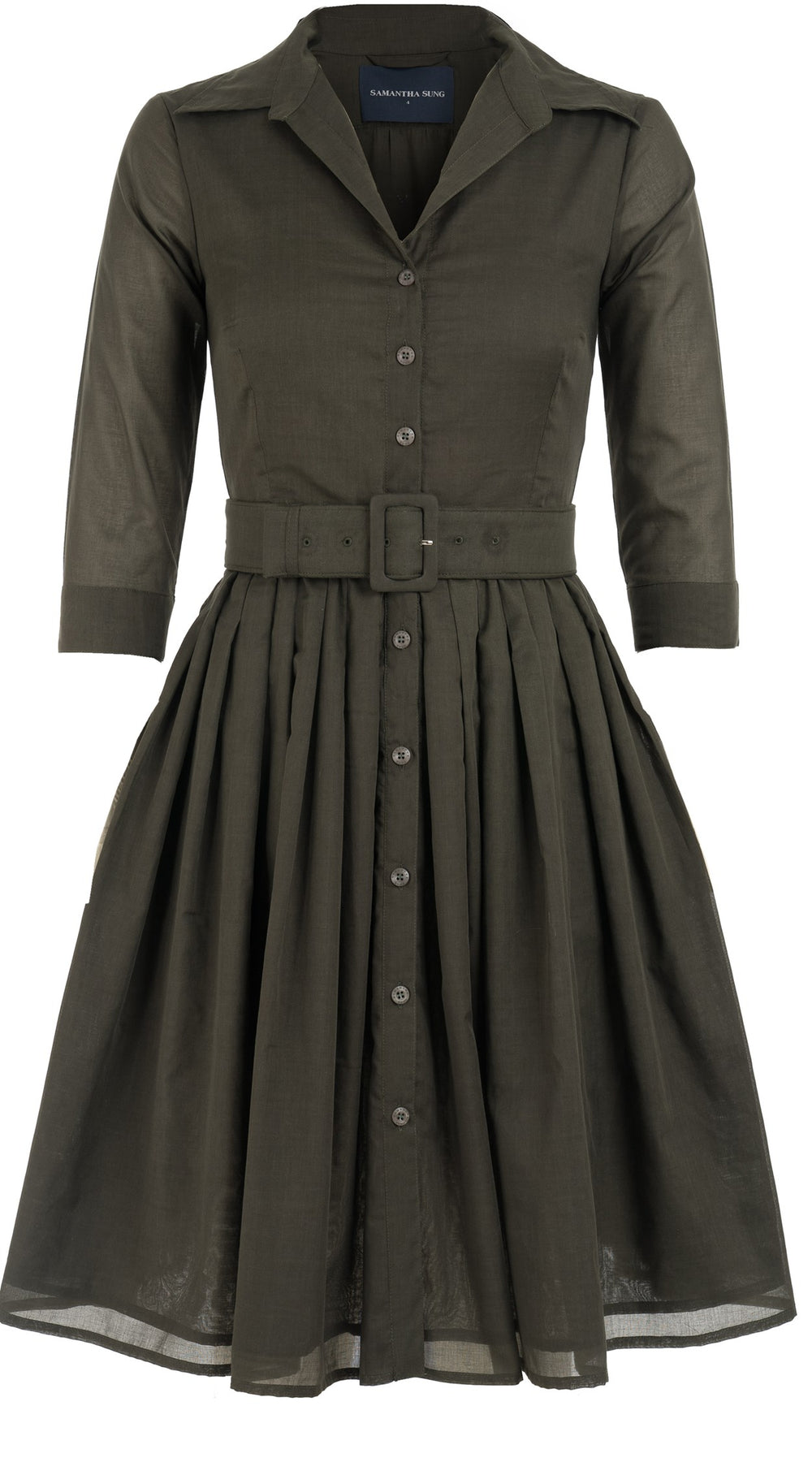 Audrey Dress #4 Shirt Collar 3/4 Sleeve Cotton Musola_Solid_Khaki Green