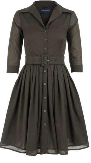 Audrey Dress #4 Shirt Collar 3/4 Sleeve Cotton Musola_Solid_Khaki Green