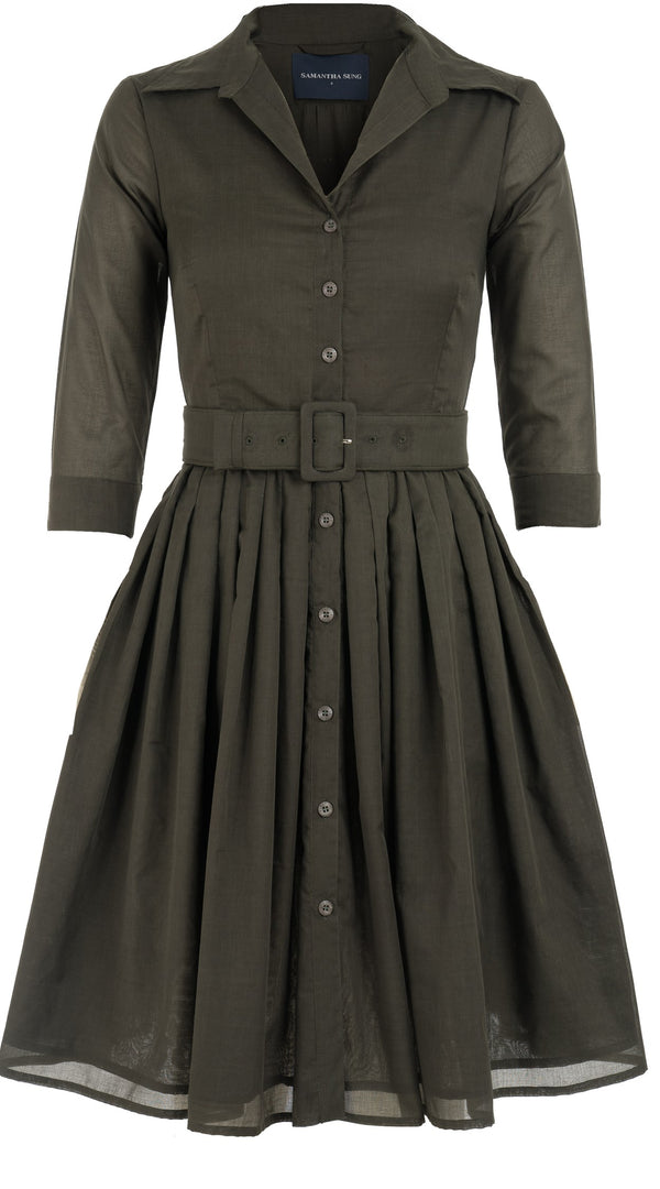 Audrey Dress #4 Shirt Collar 3/4 Sleeve Cotton Musola_Solid_Khaki Green