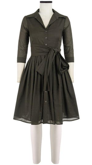 Audrey Dress #4 Shirt Collar 3/4 Sleeve Cotton Musola_Solid_Khaki Green