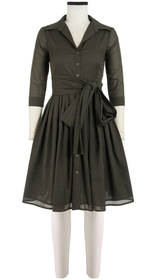 Audrey Dress #4 Shirt Collar 3/4 Sleeve Cotton Musola_Solid_Khaki Green