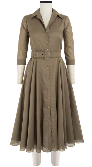 Aster Dress Shirt Collar 3/4 Sleeve Midi Length Cotton Musola_Solid_Khaki