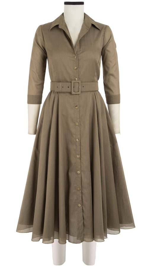 Aster Dress Shirt Collar 3/4 Sleeve Midi Length Cotton Musola_Solid_Khaki