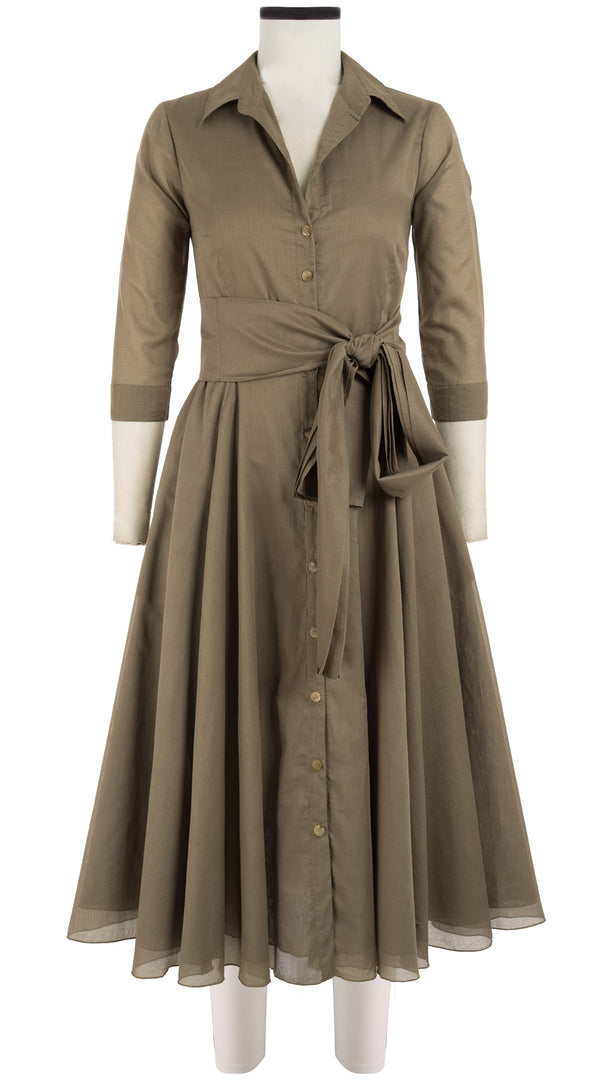 Aster Dress Shirt Collar 3/4 Sleeve Midi Length Cotton Musola_Solid_Khaki