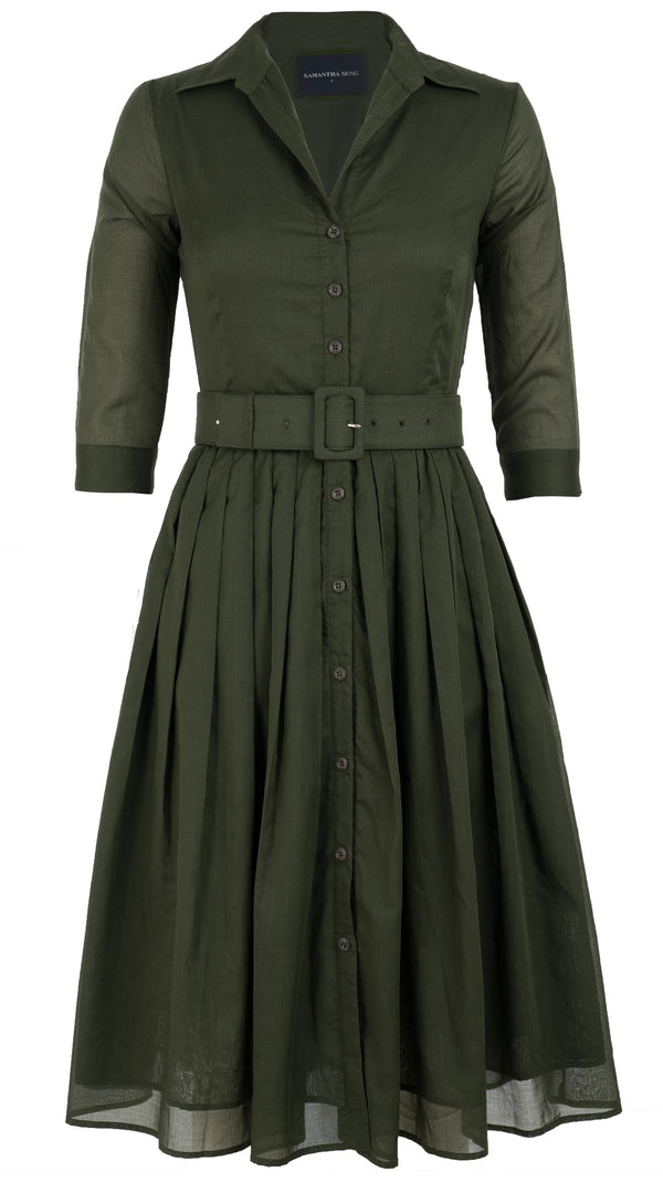 Audrey Dress #4 Shirt Collar 3/4 Sleeve Midi Length Cotton Musola_Solid_Khaki Green