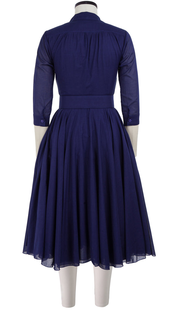 Aster Dress Shirt Collar 3/4 Sleeve Midi Length Cotton Musola_Solid_Marine Blue