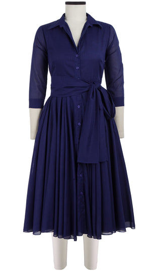 Aster Dress Shirt Collar 3/4 Sleeve Midi Length Cotton Musola_Solid_Marine Blue