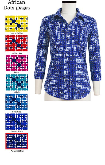 Katharine Shirt Shirt Collar 3/4 Sleeve African Dots Bright in Admiral Blue               