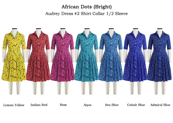 Audrey Dress #2 Shirt Collar 1/2 Sleeve in African Dots Bright                              