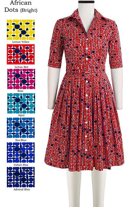 Audrey Dress #2 Shirt Collar 1/2 Sleeve African Dots Bright in Indian Red               