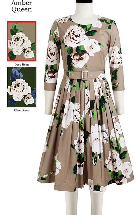 Florance Dress Crew Neck 3/4 Sleeve Amber Queen in Deep Beige                                             