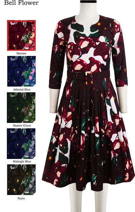 Florance Dress Crew Neck 3/4 Sleeve Bell Flower in Maroon                                             