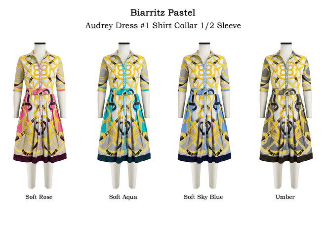 Audrey Dress #1 Shirt Collar 1/2 Sleeve in Biarritz Pastel                                             