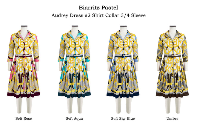 Audrey Dress #2 Shirt Collar 3/4 Sleeve in Biarritz Pastel                                             